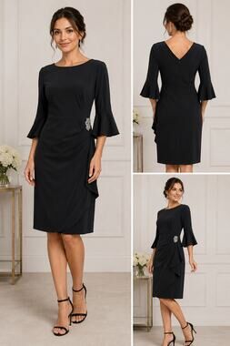 Alex Evenings Dress Womens 8 Black Bell Sleeve Rhinestone Draped Cocktail